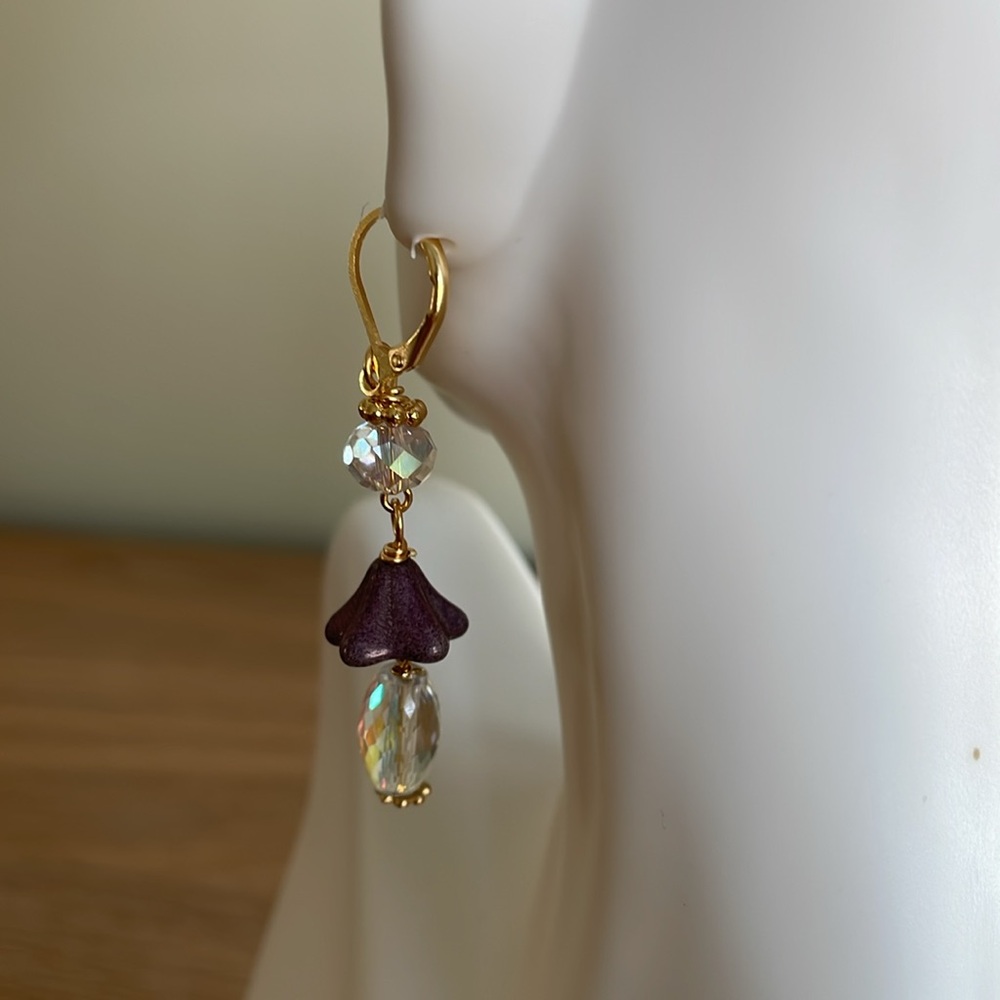 HAND CRAFTED PIERCED EARRINGS Dangling AB Crystals Purple Czech Beads - Picture 4 of 12